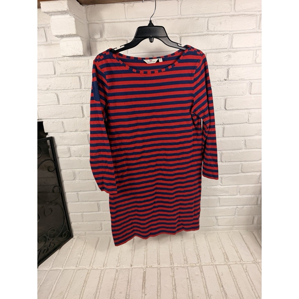 Vineyard Vines Womens S Red Navy Striped Boat Neck Knit Dress 3/4 Sleeve